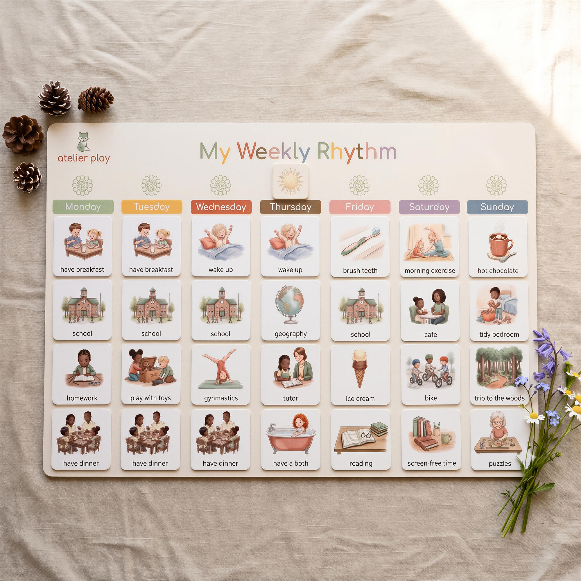 Printable weekly rhythm board with illustrated routine cards for each day of the week, beside pine cones and wildflowers